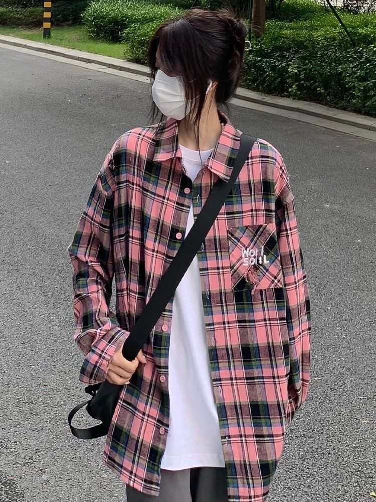 日系復古長袖格子襯衫女外穿疊穿秋冬季磨毛Polo襯衣外套ins上衣