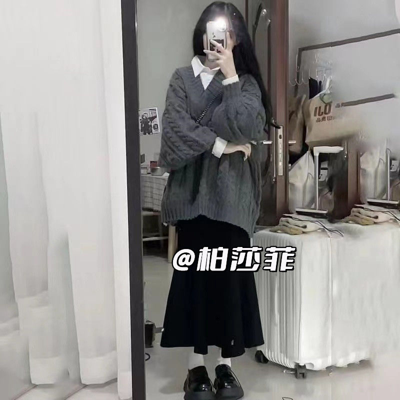 韓系秋冬慵懶風v領毛衣加厚保暖寬鬆秋冬溫柔風套頭半身裙兩件套