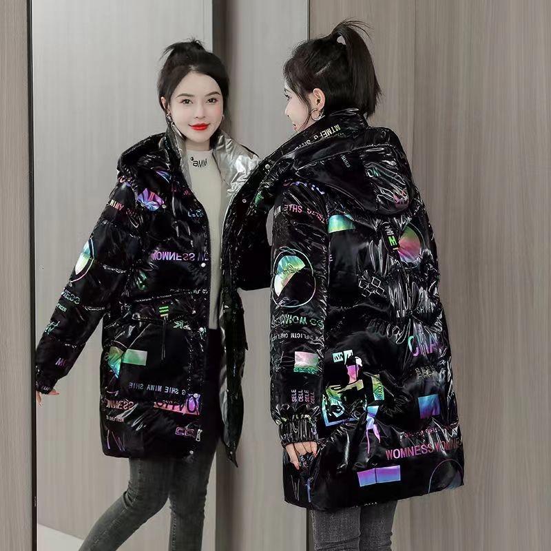 冬季保暖加厚棉服中長款連帽2023新款女字母連帽大碼寬鬆棉衣外套