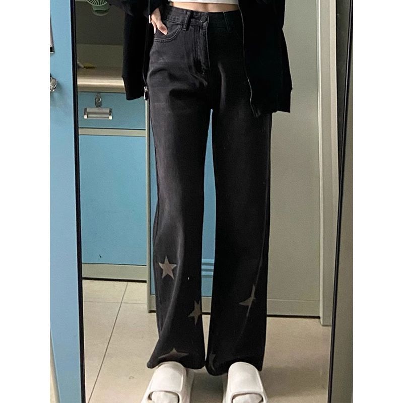 美式復古煙灰染星星闊腿牛仔褲女小個子寬鬆直筒高腰顯瘦垂感拖地