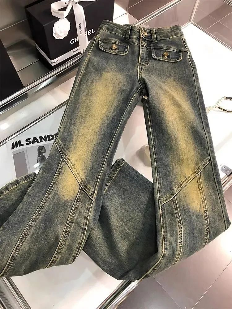 美式復古微喇牛仔褲高腰顯瘦百搭2023早秋新款設計感小眾喇叭長褲
