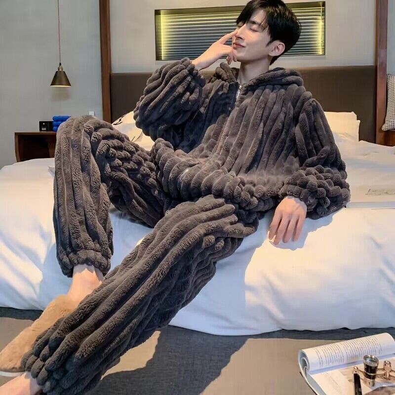 新款男士睡衣三層夾棉保暖加絨青少年純色休閒珊瑚絨家居服套裝