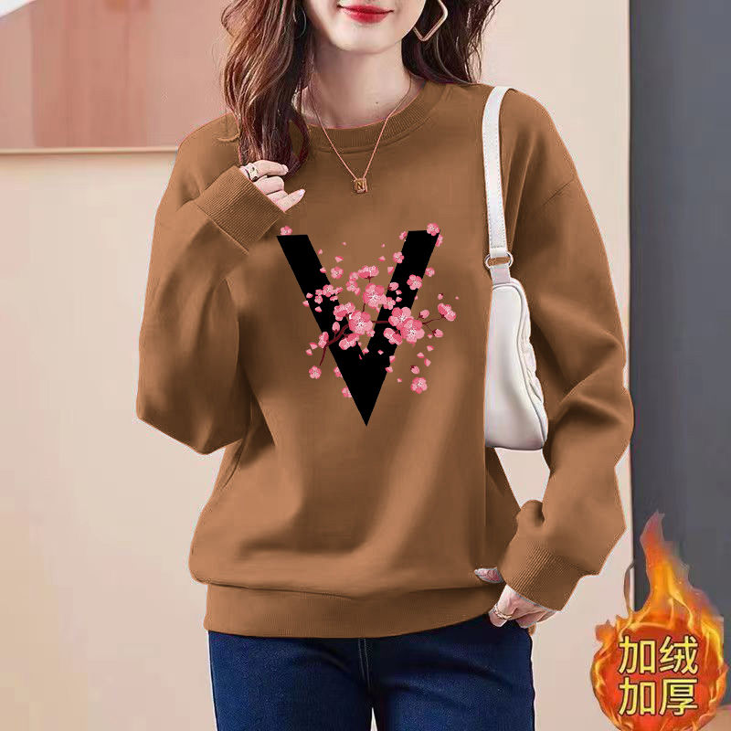 Super soft spring and autumn sweatshirt for female students, Korean version, loose and versatile, plus velvet and thickened, autumn and winter wear, round neck, long sleeves