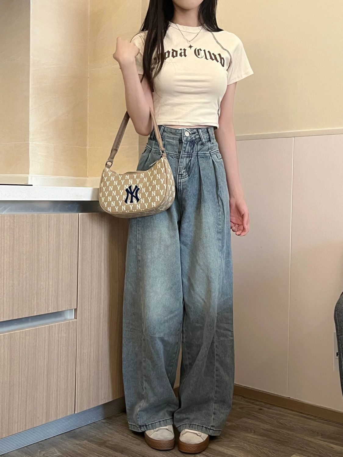 美式高街闊腿牛仔褲女寬鬆顯瘦復古水洗寬鬆直筒慵懶風垂感拖地褲