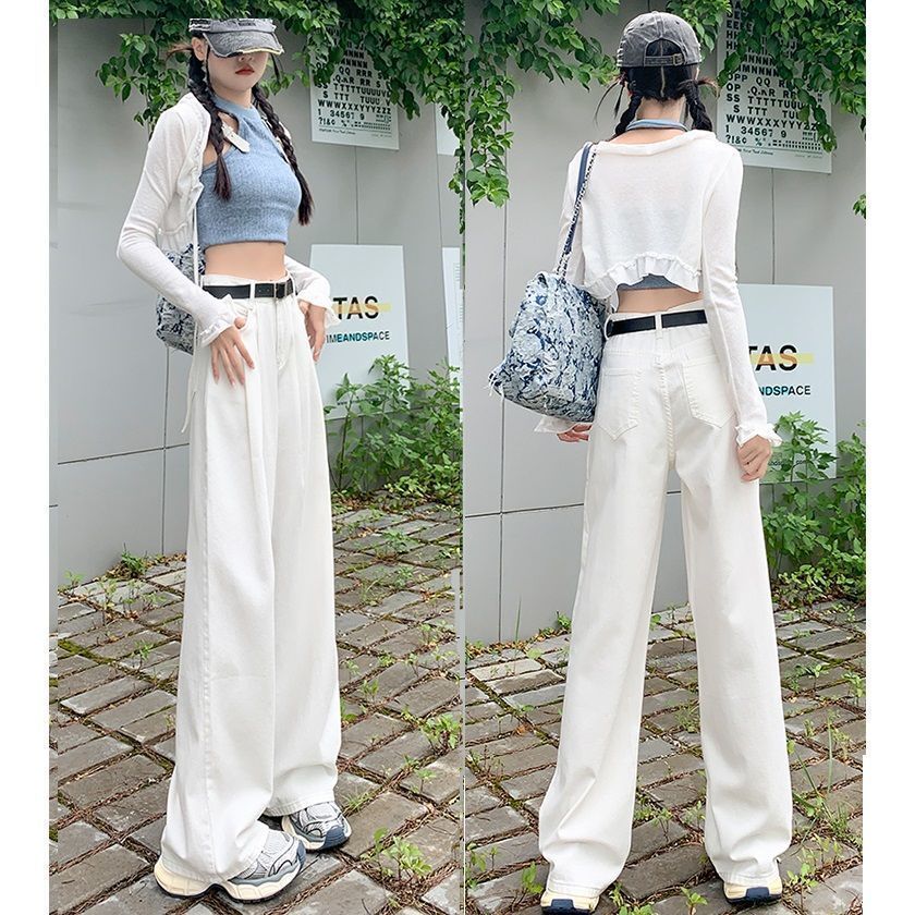 White wide-leg jeans for women, autumn and winter 2023 new high-waisted, loose, versatile, lengthened design, straight-leg floor mopping pants