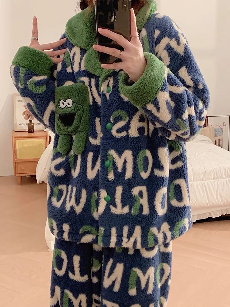 加絨加厚珊瑚絨睡衣女秋冬季網紅爆款ins風法蘭絨家居服保暖套裝