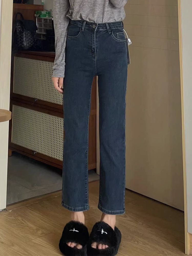藍灰色九分直筒牛仔褲女秋季新款高腰彈力修身顯瘦百搭煙管褲子潮