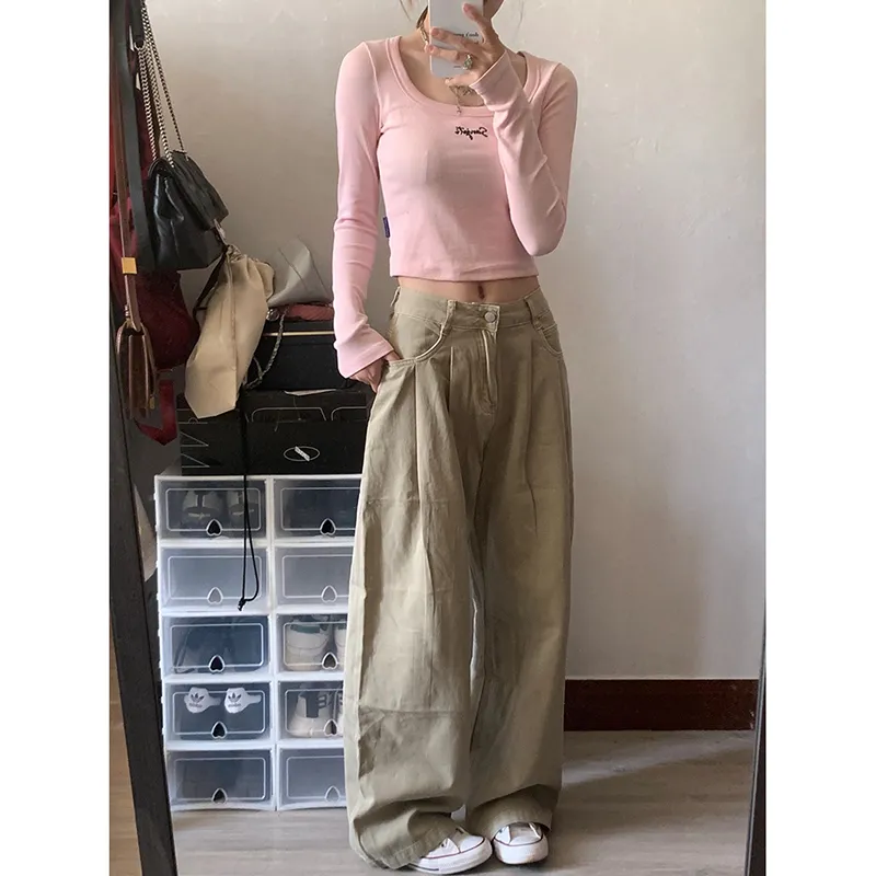 復古卡其色高腰設計感褶皺牛仔褲女新款ins顯瘦直筒拖地闊腿褲潮
