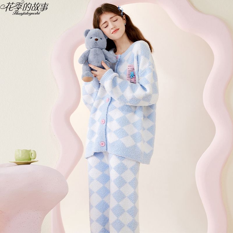花季的故事半邊絨睡衣女秋冬季長袖套裝韓系格子ins風網紅家居服