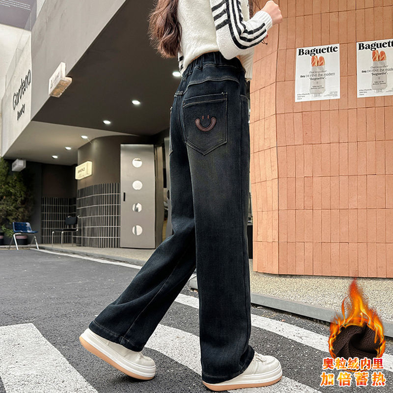 女童牛仔褲秋冬2023新款兒童冬季闊腿褲大童加絨長褲女孩直筒褲子