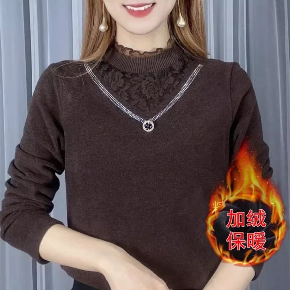 冬新款雙面絨半高領加厚打底衫女洋氣百搭媽媽裝長袖彈力小衫保暖