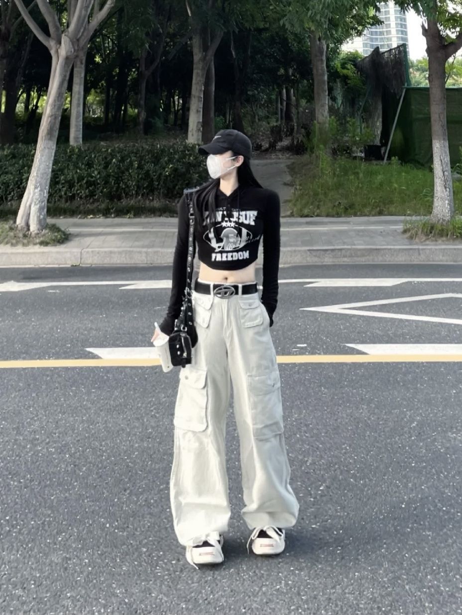 美式高街沙白色工裝牛仔褲女高腰小眾設計感多口袋闊腿拖地褲子潮