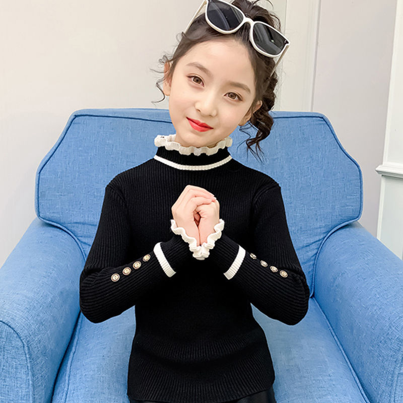 女童毛衣春秋款兒童打底衫2023新款秋季中大童白色內搭半高領秋冬