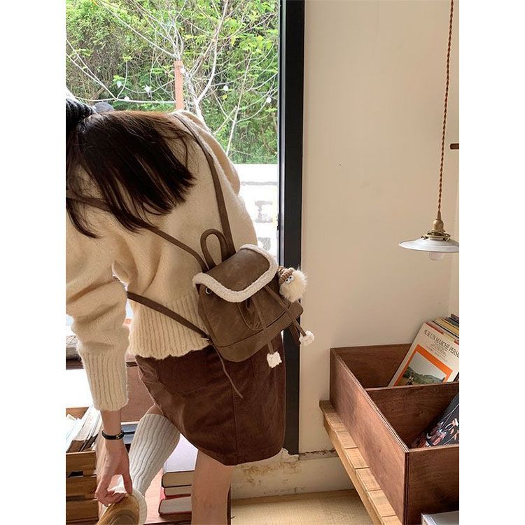 秋冬絨麵包包女2023新款小眾少女雙肩包可愛復古小背包