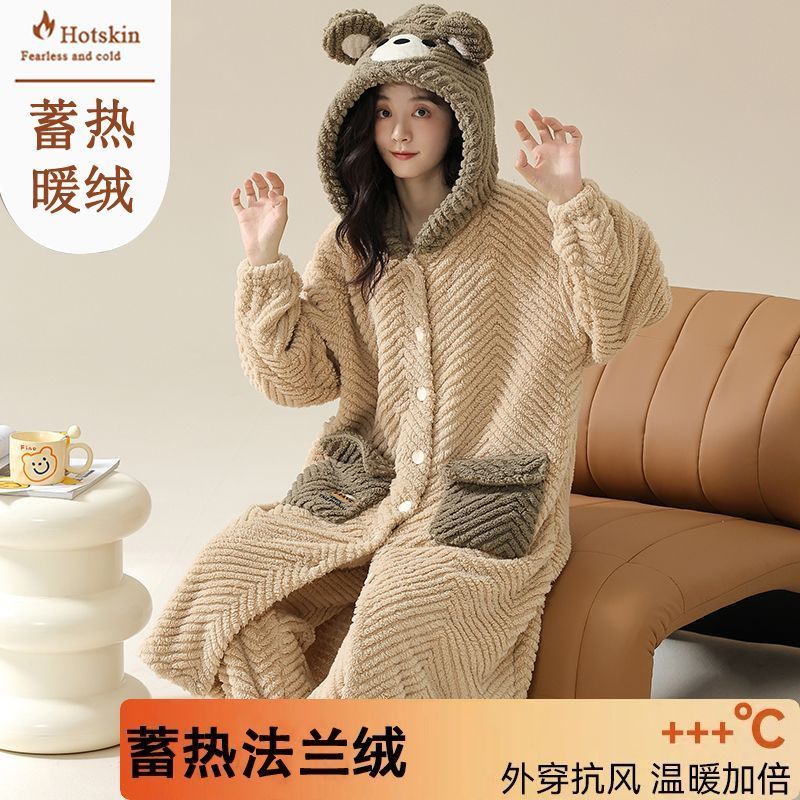睡袍女加厚加絨珊瑚絨冬天保暖睡衣帶帽中長款袍套裝法蘭絨家居服