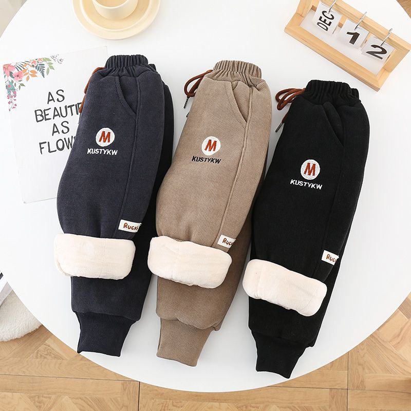 Boys' winter cotton trousers, children's thickened trousers, a pair of winter warm trousers for baby girls with three layers of quilted cotton.