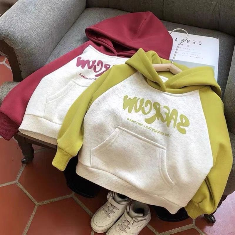 Korean style velvet sweatshirt for boys and girls, one-piece velvet style, spring, autumn and winter hooded thickened top, ins trend for big kids