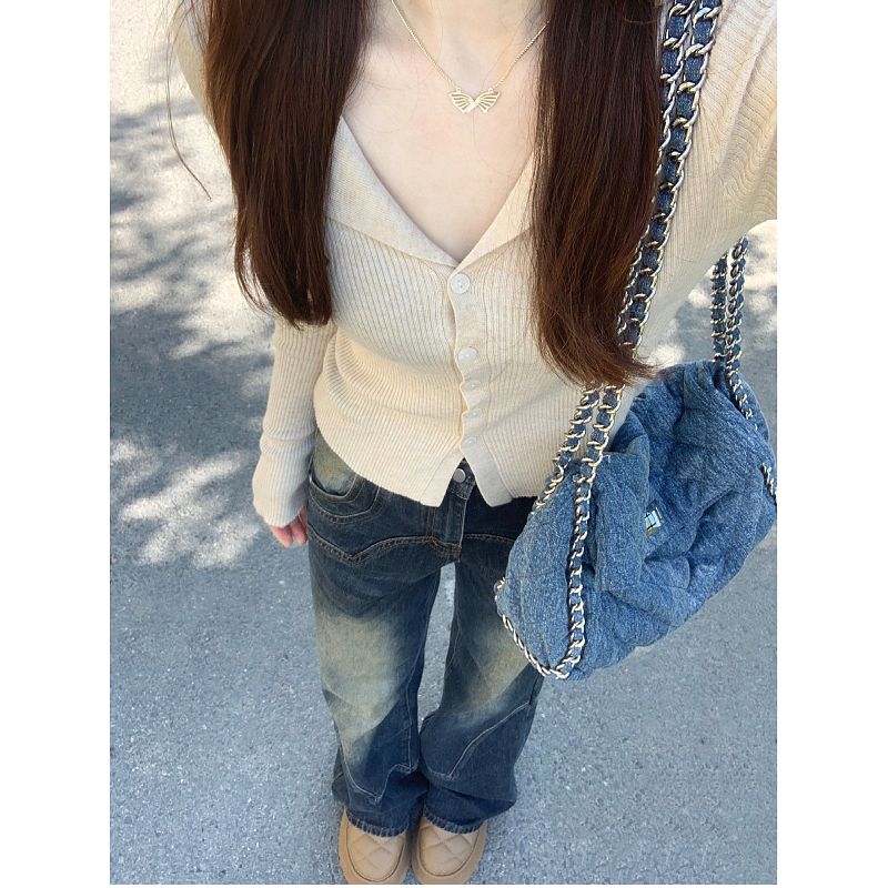 Korean style polo collar temperament button knitted cardigan for women autumn and winter 2023 new solid color slim fit inner top