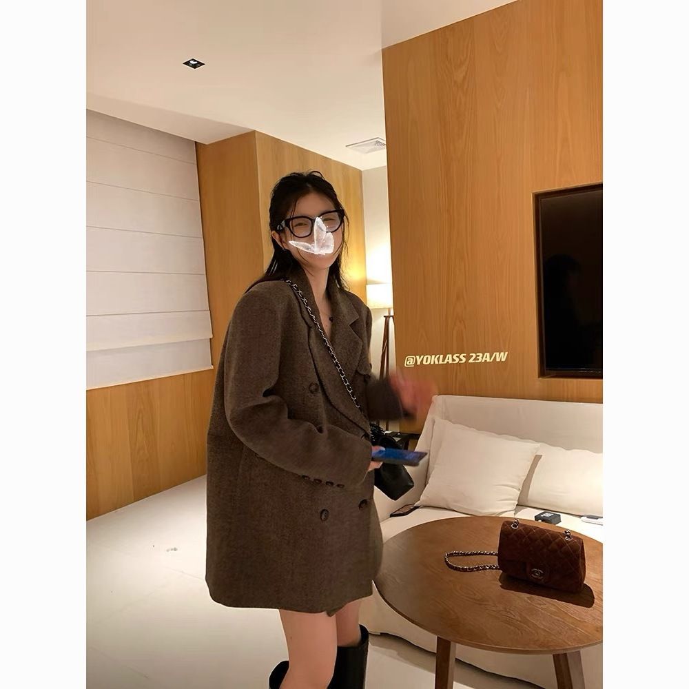 咖色毛呢西裝外套女2023新款秋冬高級感寬鬆加厚雙排扣中長款大衣