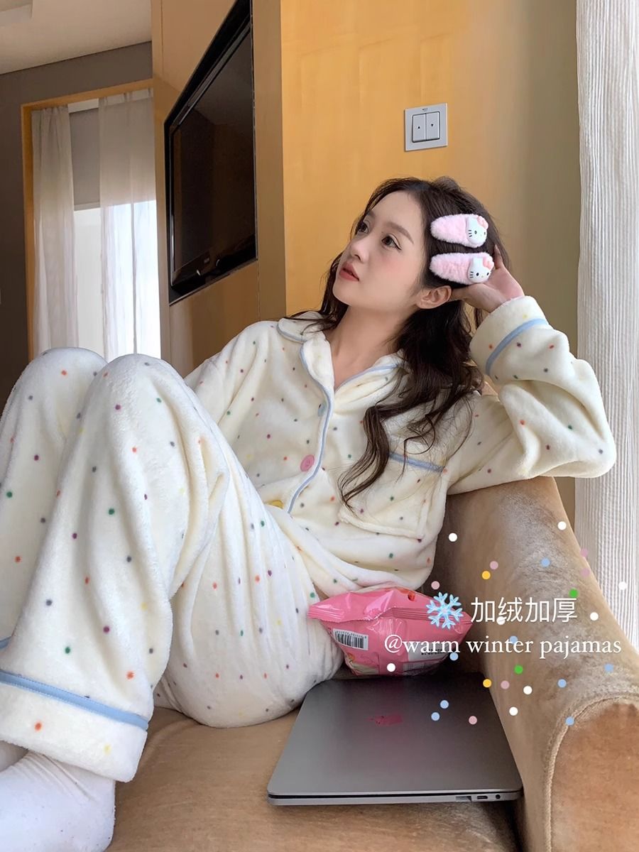 彩色波點睡衣女冬季加厚珊法蘭絨學生宿舍風保暖珊瑚絨家居服套裝