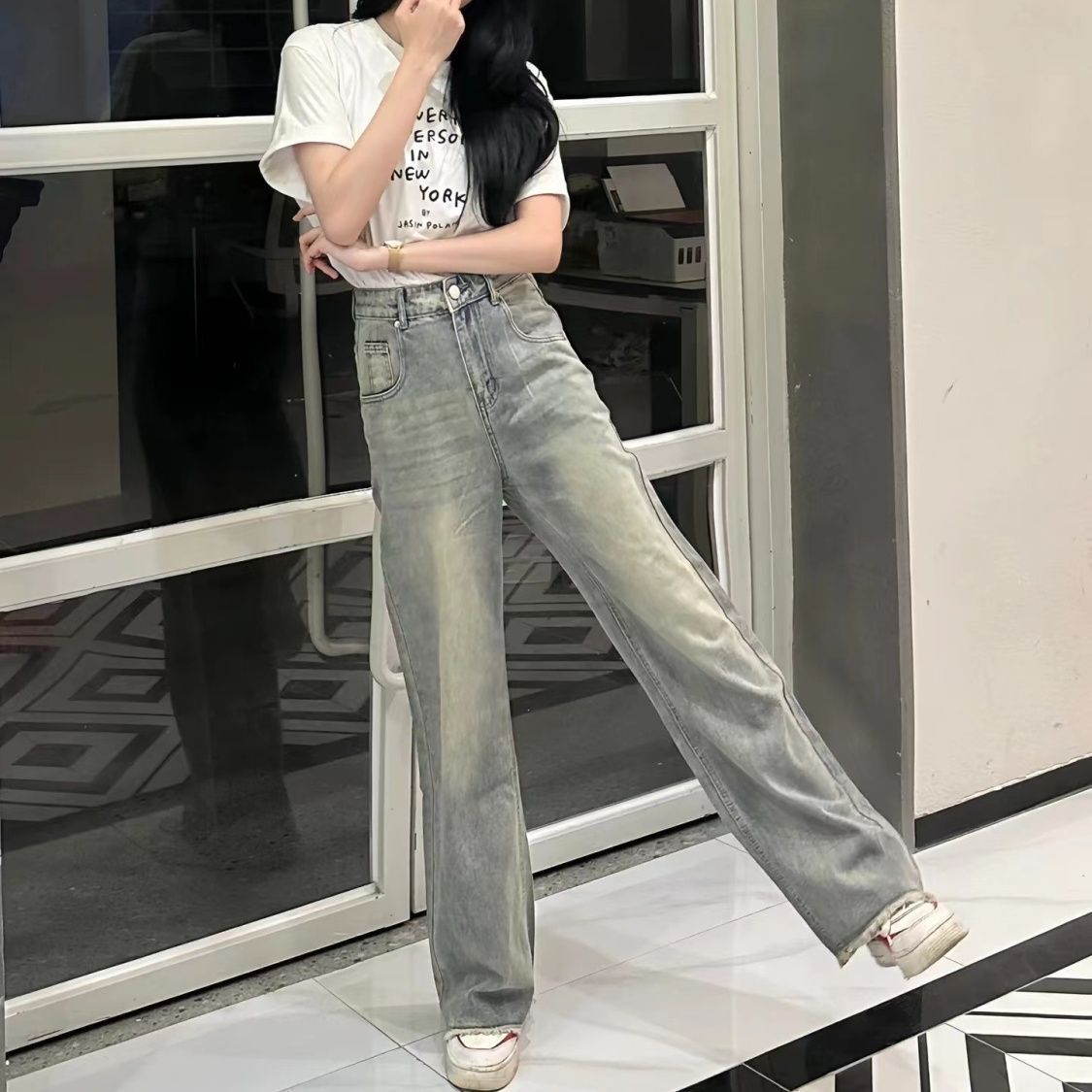 美式水洗闊腿牛仔褲女春秋款顯瘦顯高寬鬆百搭高腰直筒休閒拖地褲
