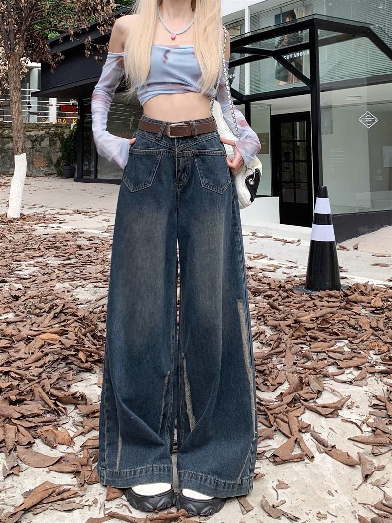 復古辣妹闊腿牛仔褲女2023年秋冬新款高腰寬鬆顯瘦垂感拖地長褲潮