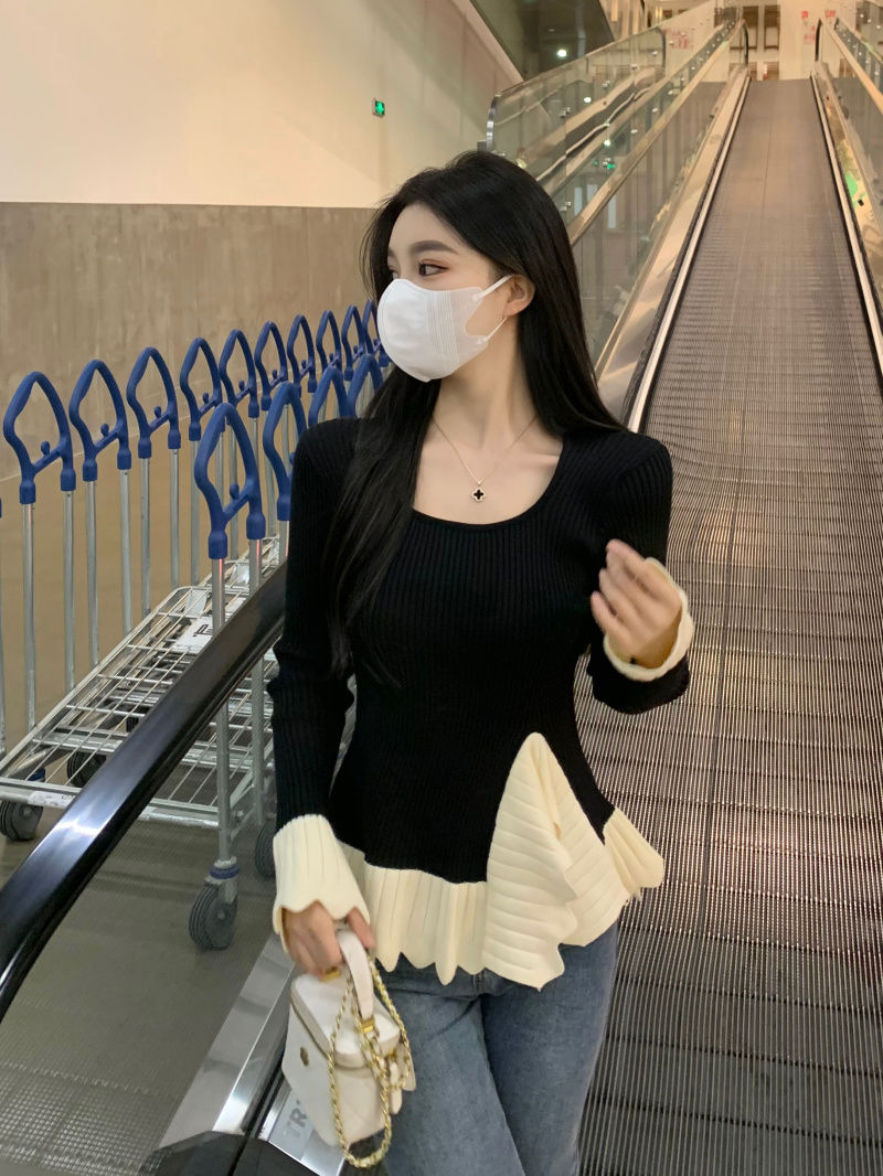 大碼胖mm法式復古撞色毛針織衫女不規則修身顯瘦淑女套頭打底衫潮