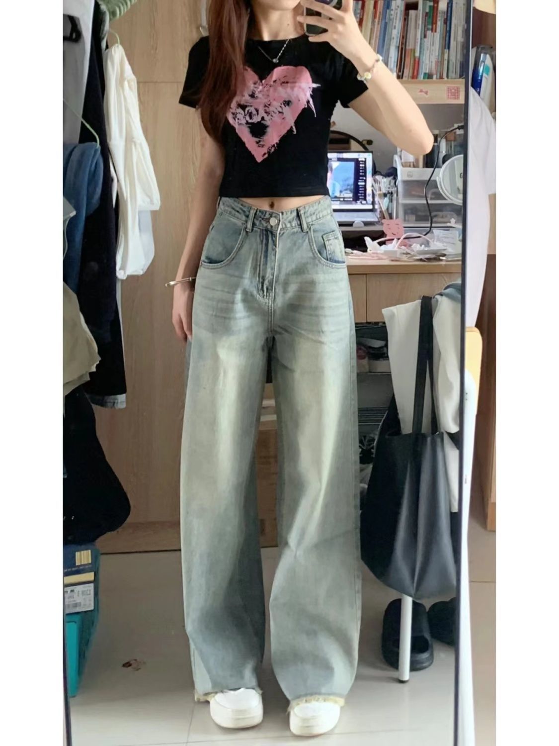 韓版做舊高腰牛仔褲女拖地褲顯瘦寬鬆高級感休閒百搭直筒闊腿褲潮