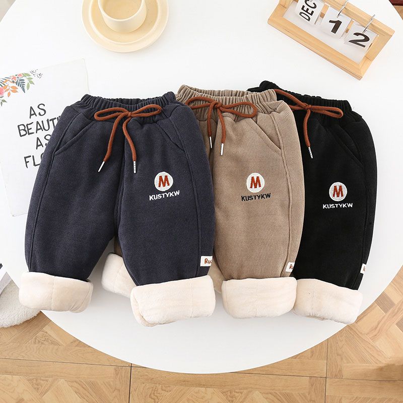 Boys' winter cotton trousers, children's thickened trousers, a pair of winter warm trousers for baby girls with three layers of quilted cotton.