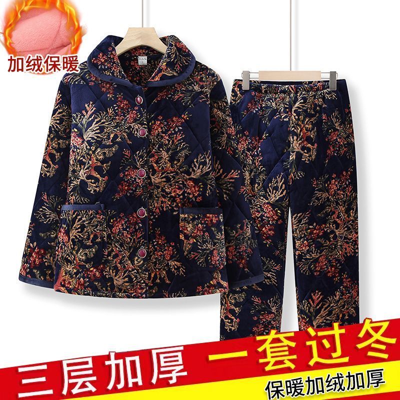 睡衣女秋冬季珊瑚絨夾棉中老年人加厚保暖家居服媽媽冬天棉襖套裝