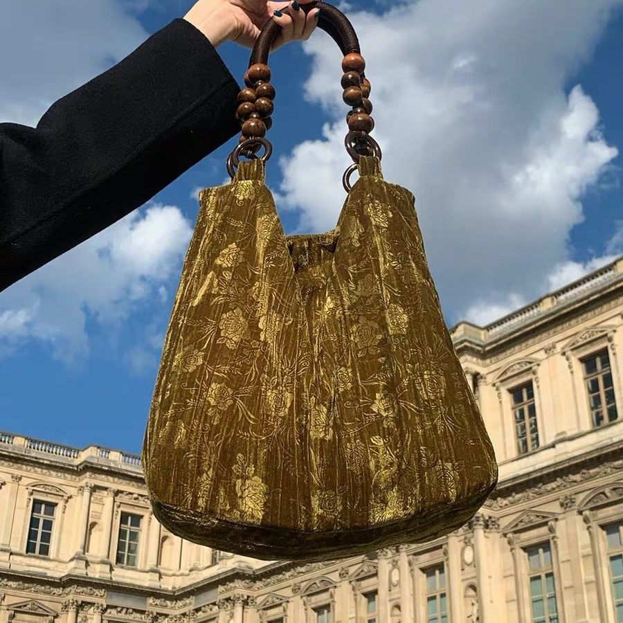 鷺青一 絲絨壓花暗紋手提包高級感復古洋氣木珠編織手拎包