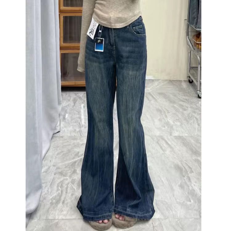 高個子美式做舊毛邊微喇牛仔褲女秋冬新款高腰修身闊腿馬蹄長褲潮
