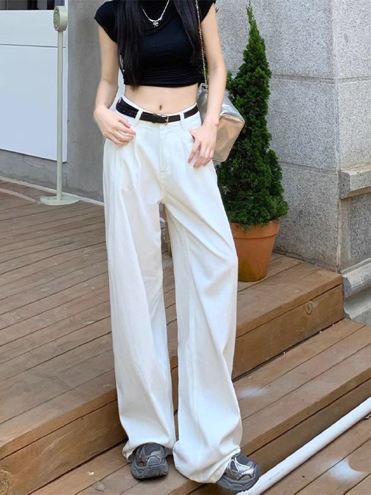 American high street white wide-leg jeans for women in autumn and winter new style high-waisted loose slimming versatile straight-leg floor-length mopping pants