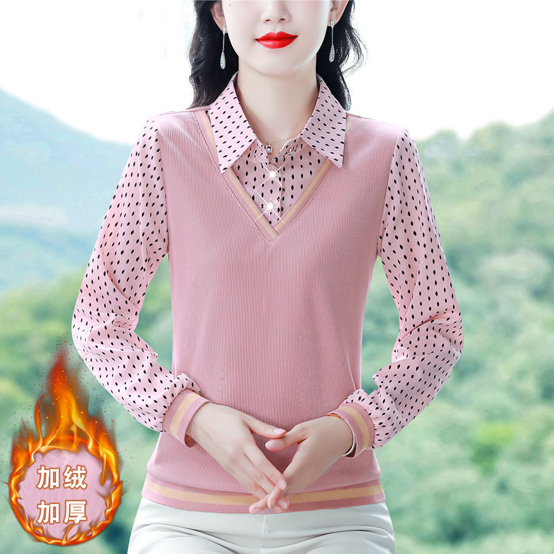 時尚拼接假兩件長袖打底衫女秋冬季加絨加厚寬鬆洋氣保暖百搭上衣