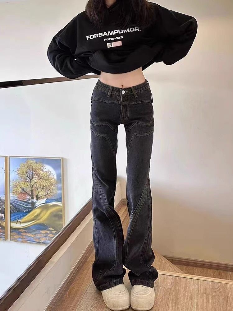 美式辣妹低腰設計感微喇叭牛仔褲女秋冬新款明線修身顯瘦直筒長褲