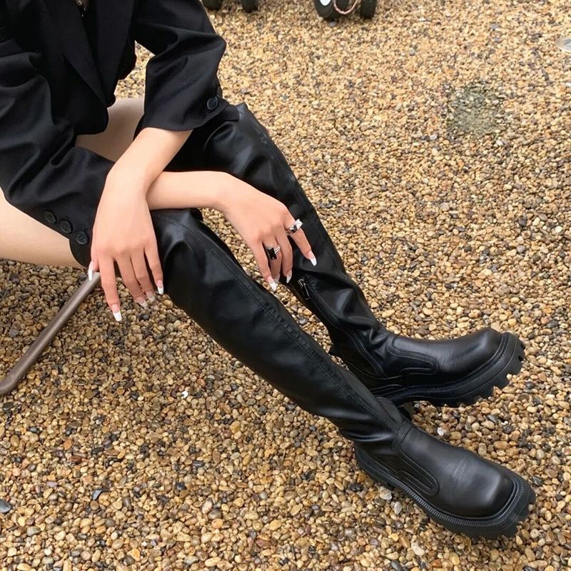 Over-the-knee boots for women winter plus velvet 2023 new MONA elastic boots thick-soled square-toe Martin boots long leather boots long boots
