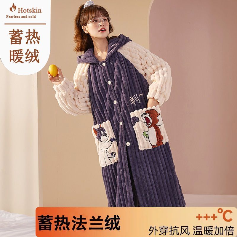 睡袍女加厚加絨珊瑚絨冬天保暖睡衣帶帽中長款袍套裝法蘭絨家居服