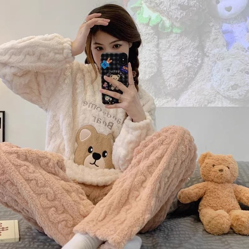 睡衣女秋冬季珊瑚絨加厚加絨可愛卡通冬款法蘭絨可外穿家居服套裝
