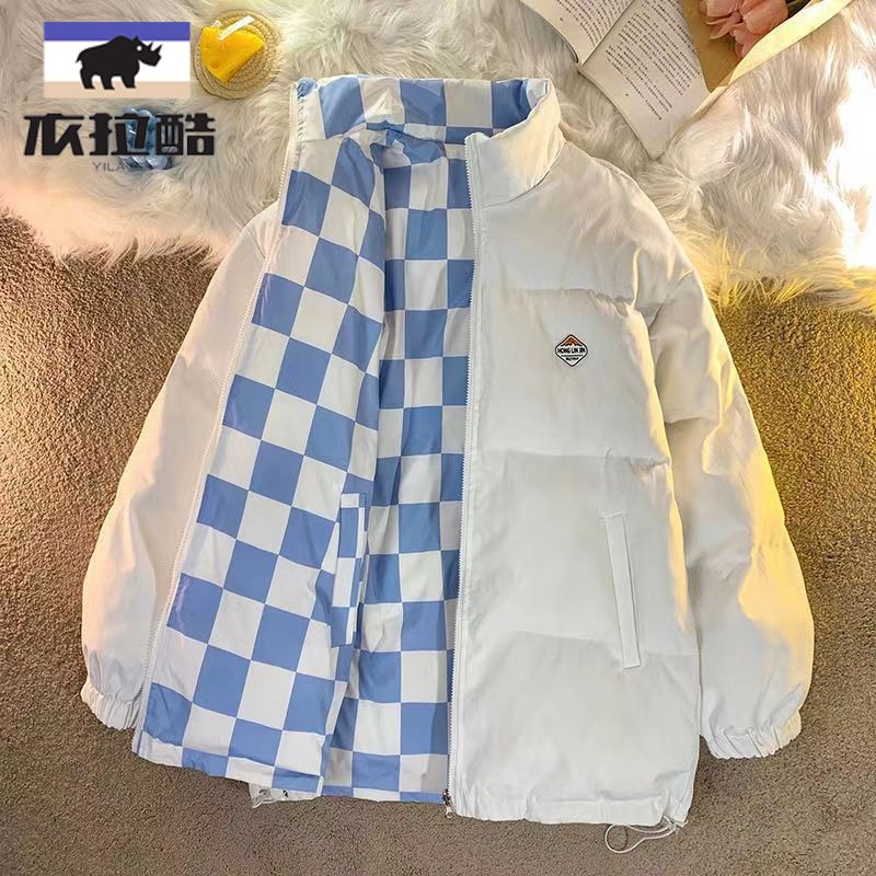 學生男兩面穿棉衣潮流寬鬆百搭立領棉服港風冬季潮牌帥氣格子外套