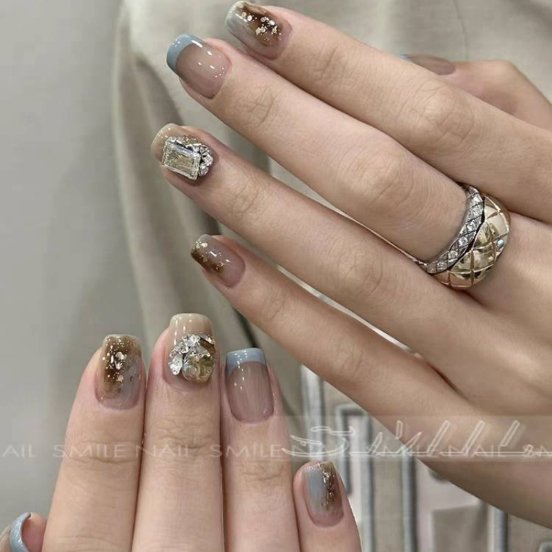 Nail家手工穿戴甲藍色法式琥珀暈染鑽假指甲美甲指甲貼短款美甲貼
