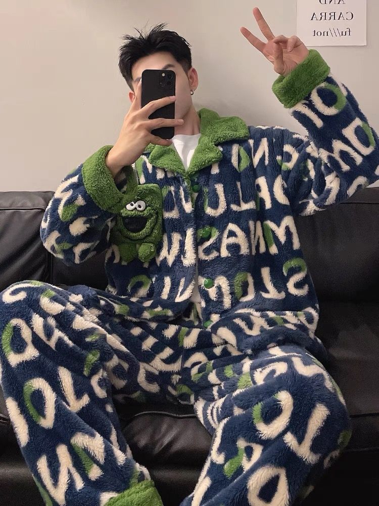 青少年睡衣男士冬季冬天加厚加絨法蘭絨保暖珊瑚絨大碼家居服套裝