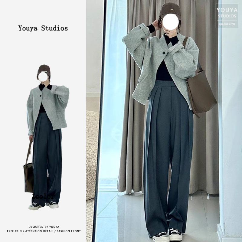 鹽系毛呢短外套褲子休閒兩件套裝女秋冬高級感韓劇秋裝搭配一整套