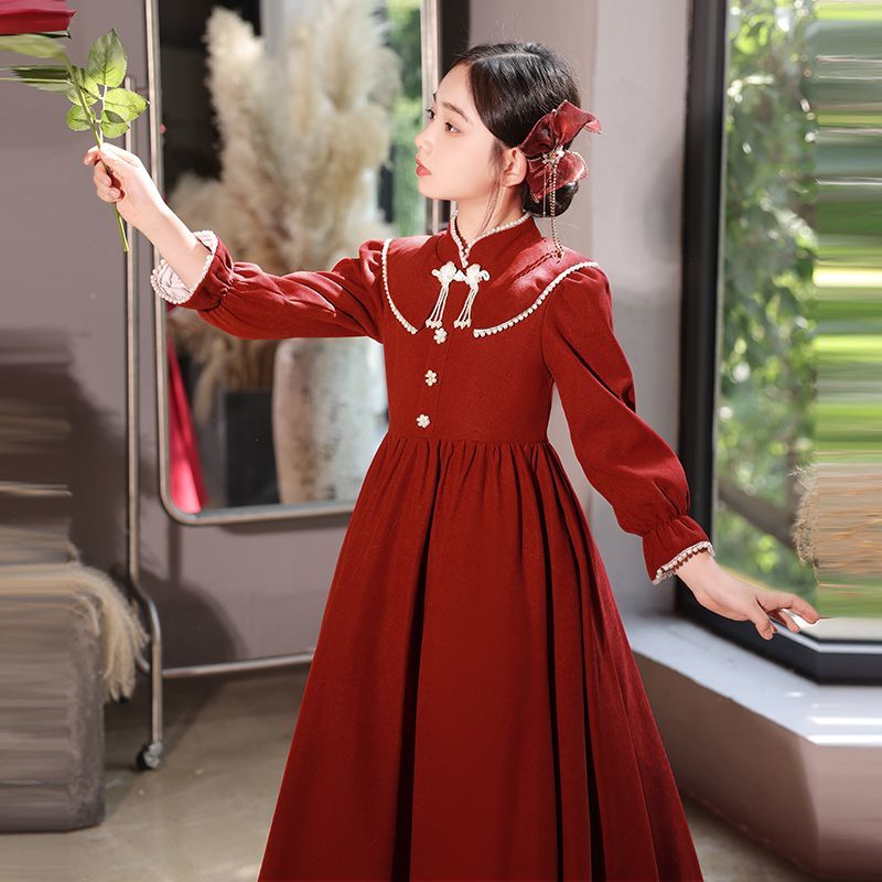 女童連衣裙秋裝2023新款兒童洋氣秋款公主裙秋冬款紅色中長款裙子