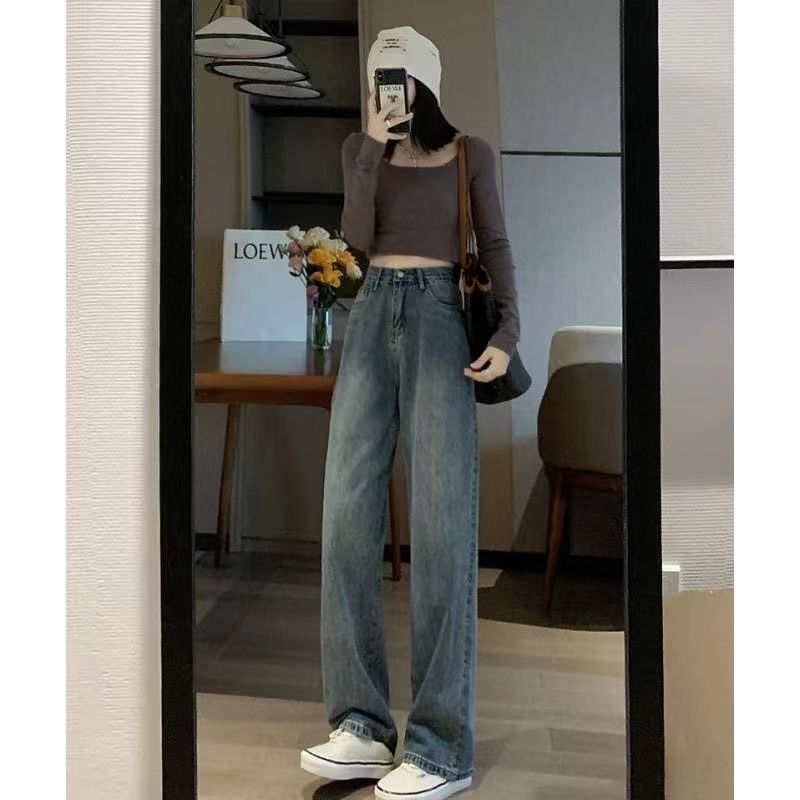 2023新款秋季高腰復古窄版闊腿牛仔褲女直筒寬鬆小個子垂感拖地褲