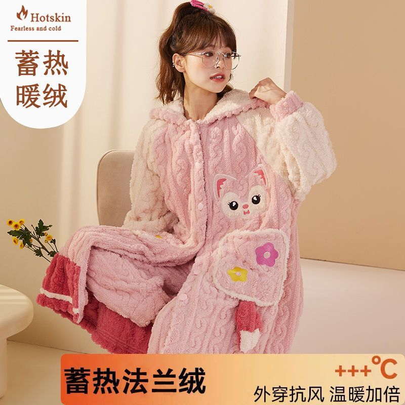 睡袍女加厚加絨珊瑚絨冬天保暖睡衣帶帽中長款袍套裝法蘭絨家居服