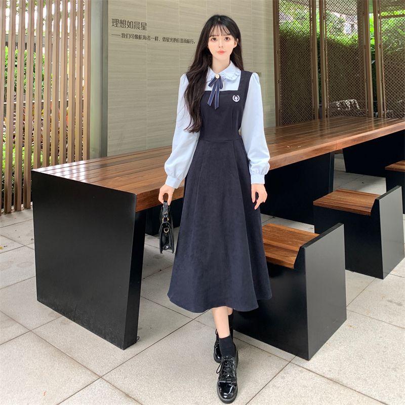 胖MM學院風娃娃領連衣裙女秋冬季2023新款法式茶歇遮肉A字長裙子