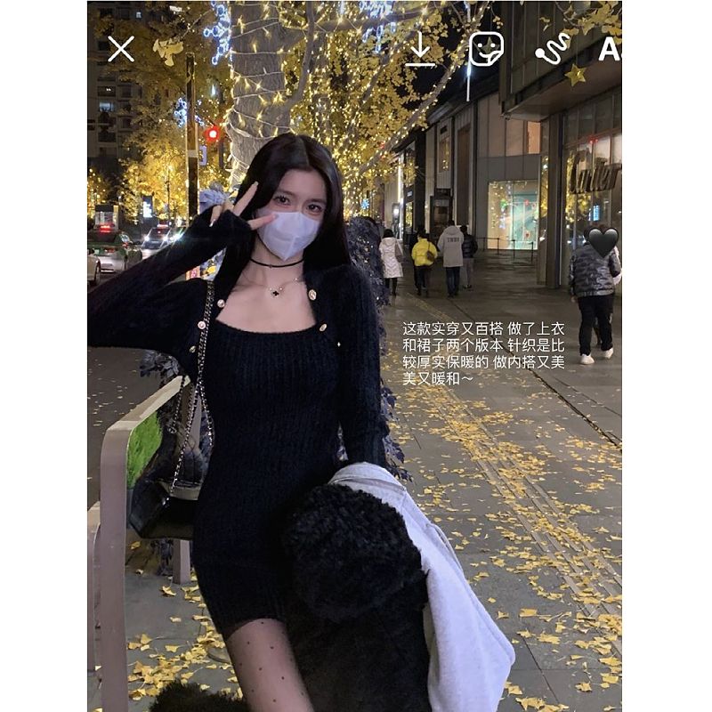 法式赫本風黑色長袖針織連衣裙子女秋冬裝2023新款高級感顯瘦短裙