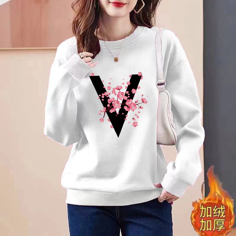 Super soft spring and autumn sweatshirt for female students, Korean version, loose and versatile, plus velvet and thickened, autumn and winter wear, round neck, long sleeves