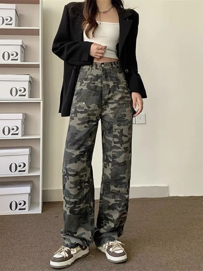 美式復古高腰牛仔褲女春秋迷彩設計感小眾直筒長褲寬鬆闊腿褲子潮