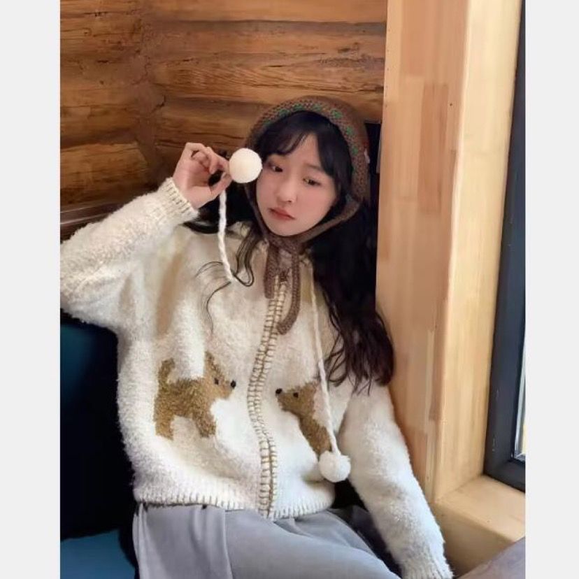 秋冬新款可愛小狗百搭學院風連帽針織開衫短外套慵懶風寬鬆毛衣女